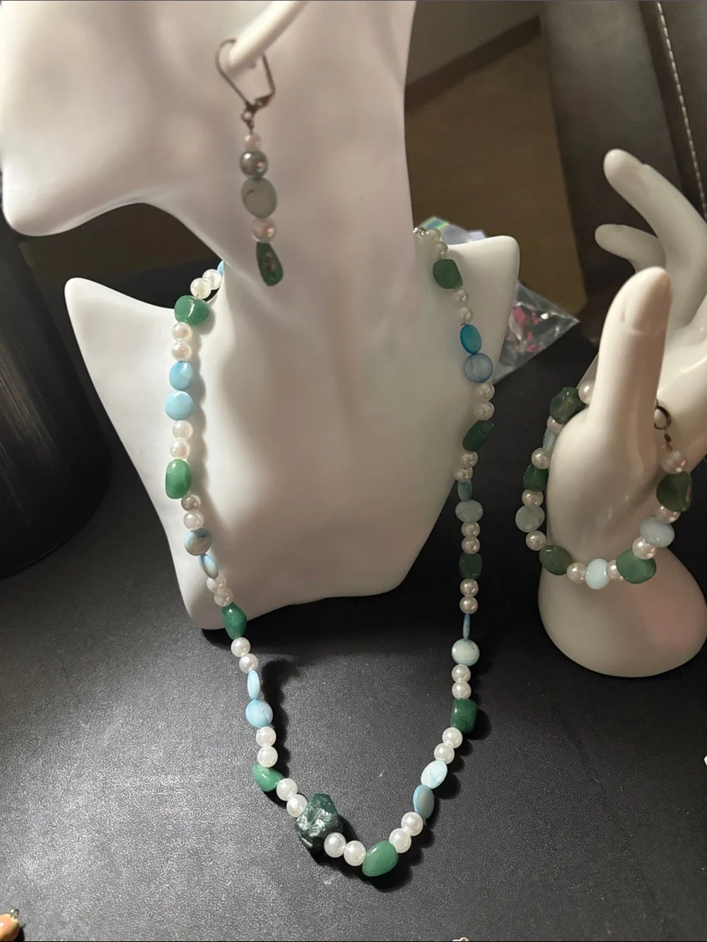 Handmade Green and White Beaded Necklace & Earring Set